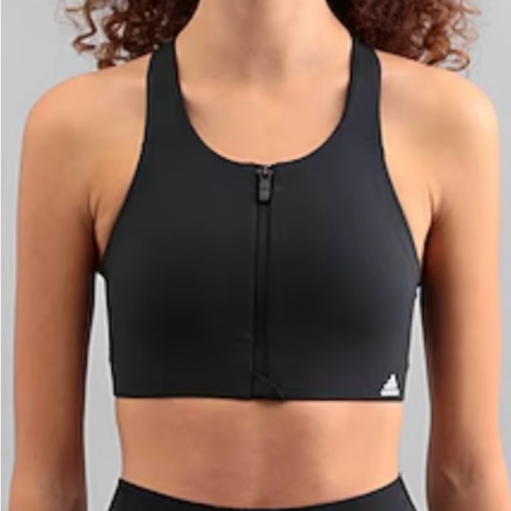 Adidas Black Sports Bra 34B Front Zip High Support Running Gym Workout
